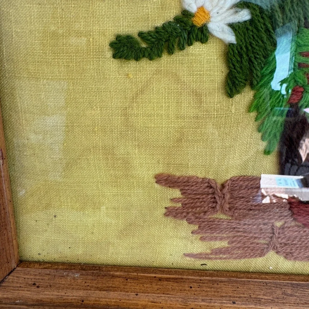 Vintage Floral Crewel Embroidery Daisies in Basket Framed Gallery Wall Art Boho